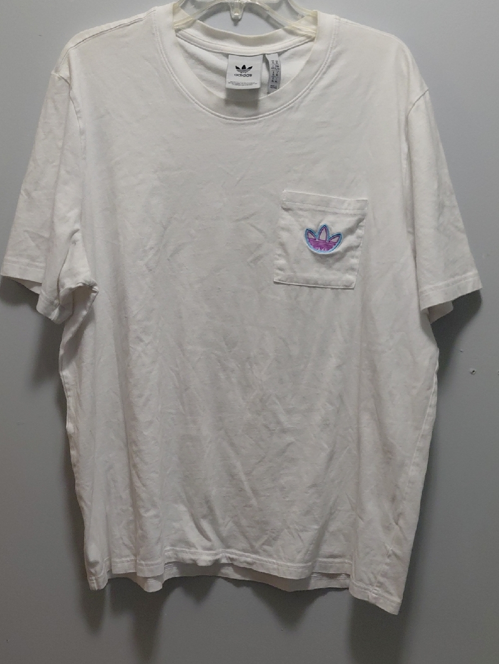 adidas White Short-Sleeve Pocket Tee with Purple-Blue Trefoil XL